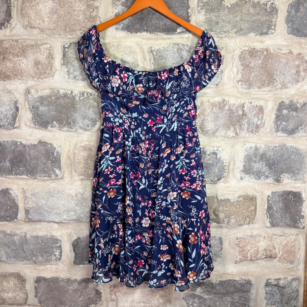 Lulus Navy Blue Floral Off-the-Shoulder Ruffle Mini Dress D9437L Woman's Medium‎